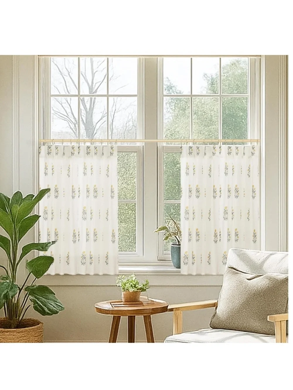 Sunflower Block Print Linen Sheer Mini Curtains 24x18” (2-panels)